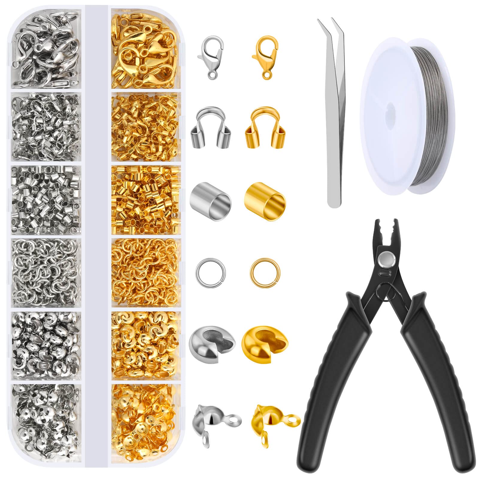 

1200 Pcs Crimp Beads Kit For Jewelry Making, Crimp Beads, Crimp Covers, Crimp Tubes And Wire , Lobster Clasps, Jump Rings, Crimping Pliers And Beading Wire For Jewelry Making