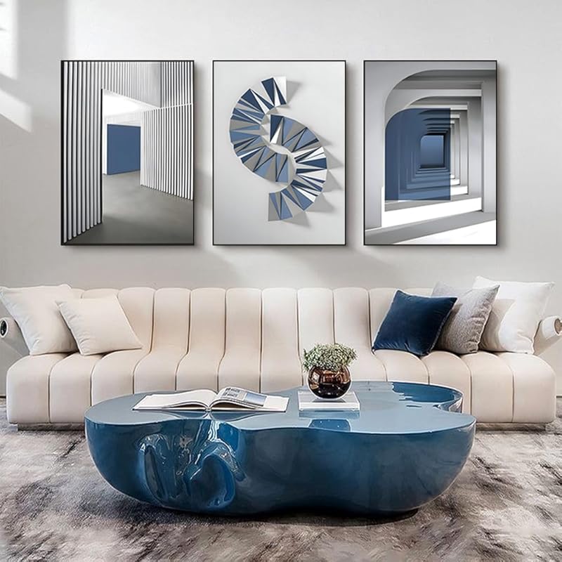 

3pcs Wood Frame Wall Art For Living Room Abstract Blue And White Painting Canvas Print Artwork Set For Bedroom Navy Blue Wall Decor