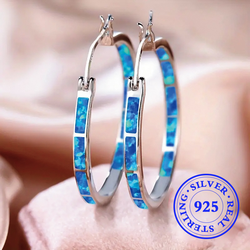 

925 Sterling Silver Hypoallergenic Hoop Earrings With Opals Boho Elegant Style Gift For Women