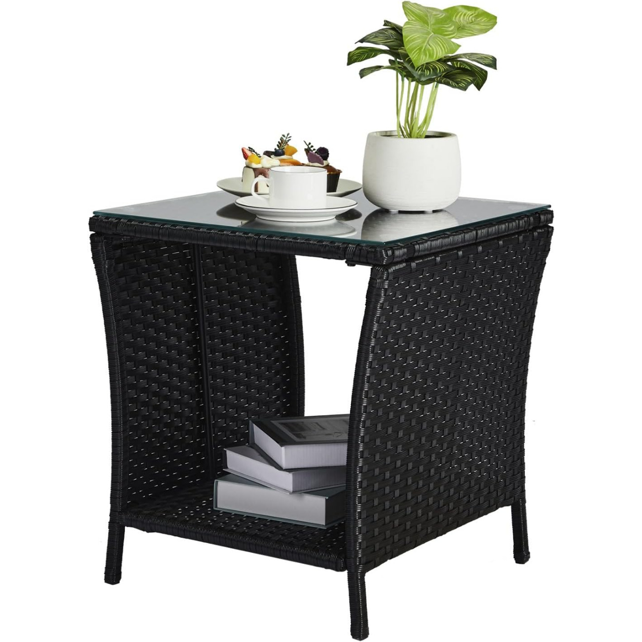 

Outdoor Wicker Side Table Patio Side Tables For Outside, Tempered Glass Top Wicker Table With Storage End Table For Balcony Porch Deck