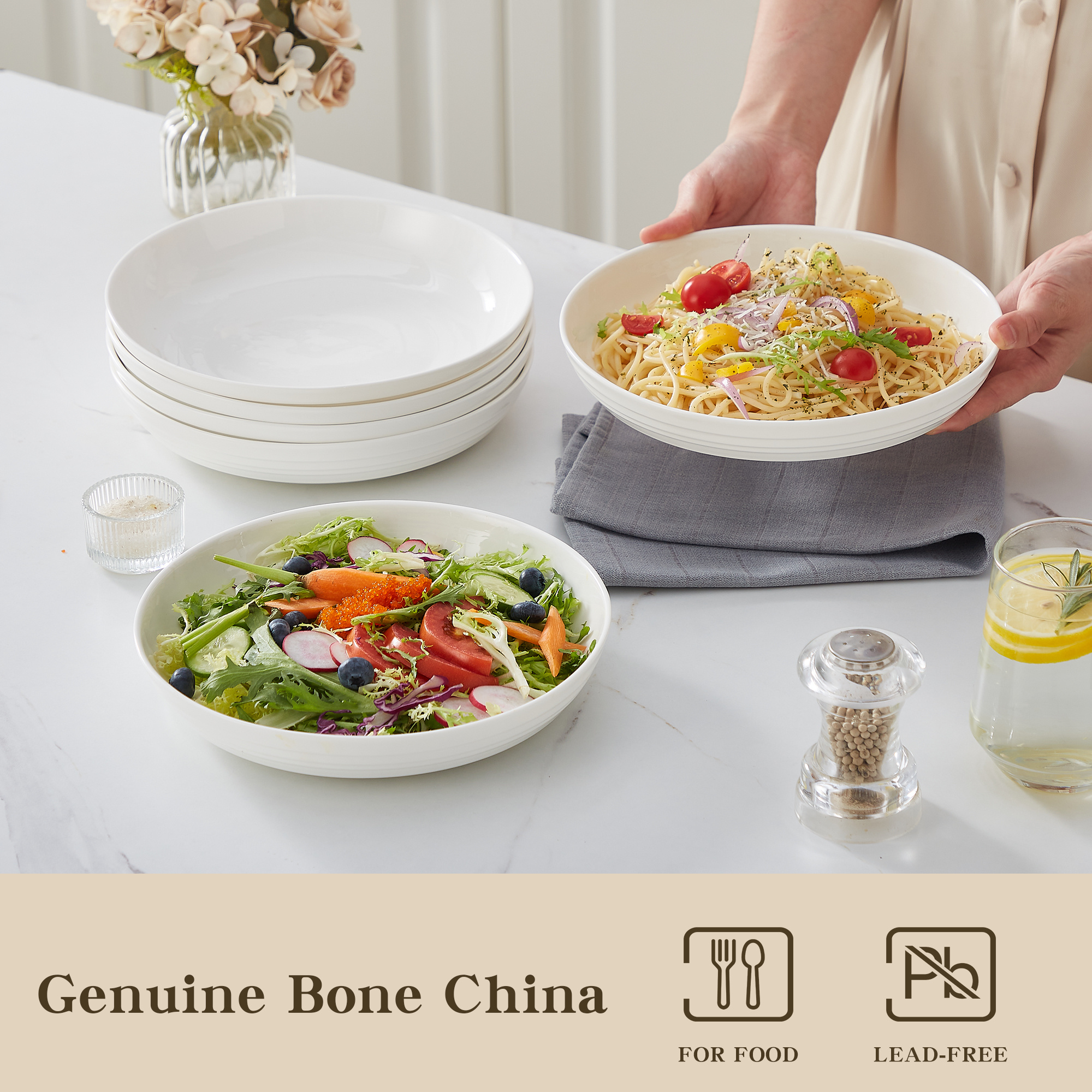 6pcs 40oz 9in White Bone China Dinner, Pasta Bowls, Large Salad Bowls,  Wide Shallow Bowls Plates, For Family and Individual Daily Use - Main Image