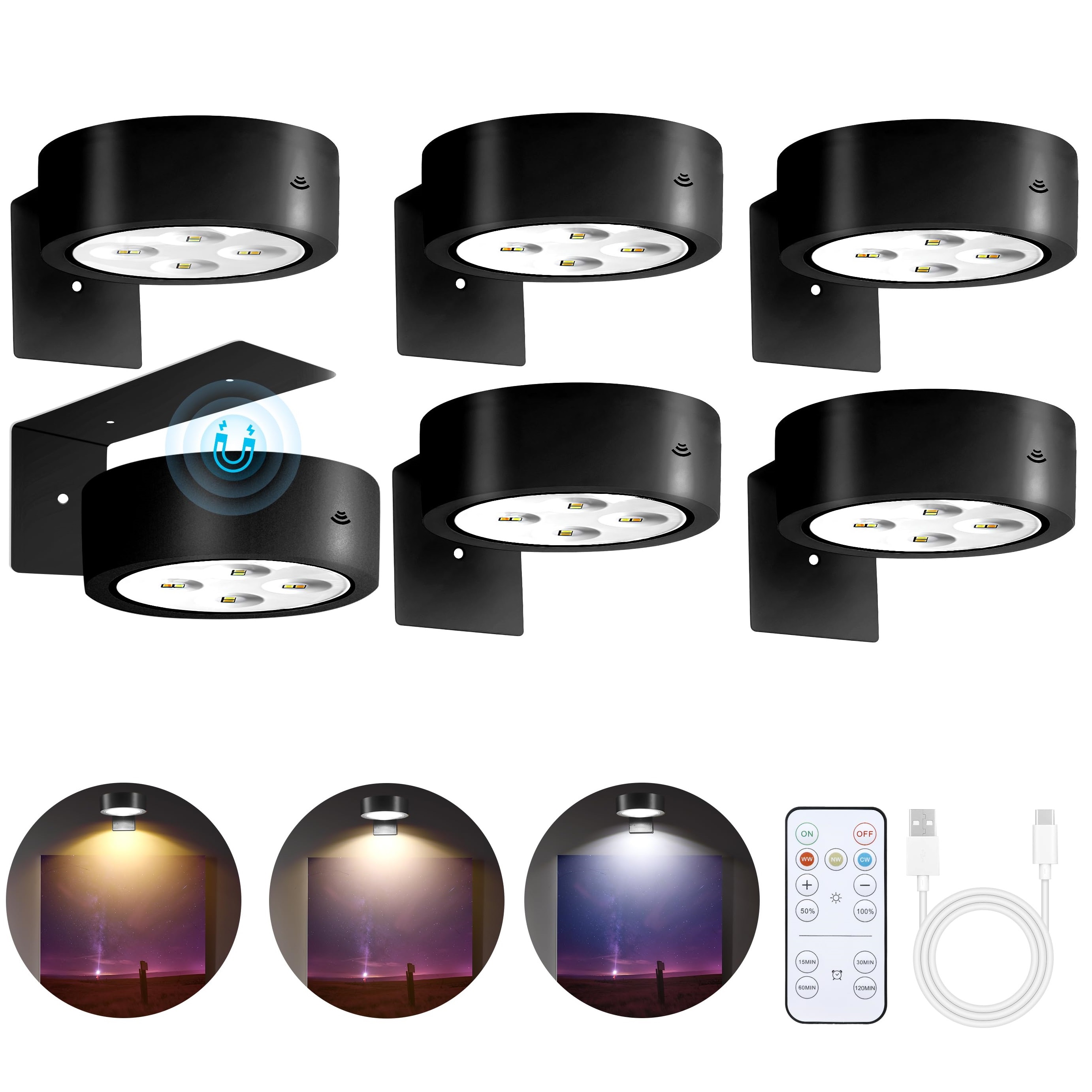 

6pack Picture Lights For Wall, Rechargeable Battery Operated Led Painting Light With Remote Control Dimmable & Timer, 3 Lighting Magnetic Art Display Light, Wireless Wall Decor Light, Black