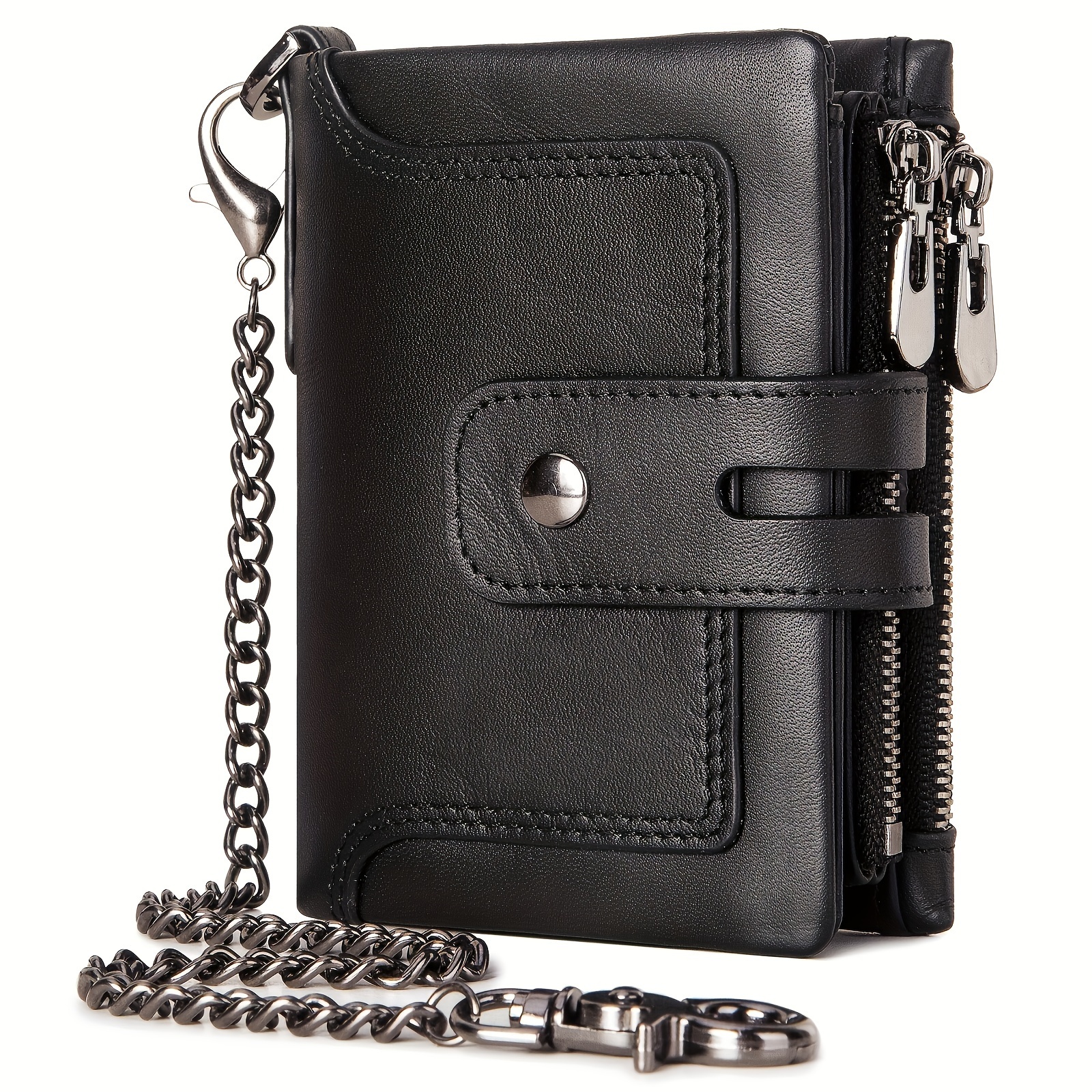 

1pc Top Layer Cowhide Wallet With Chain, Rfid Blocking Bifold Pocket With Anti-theft Chain