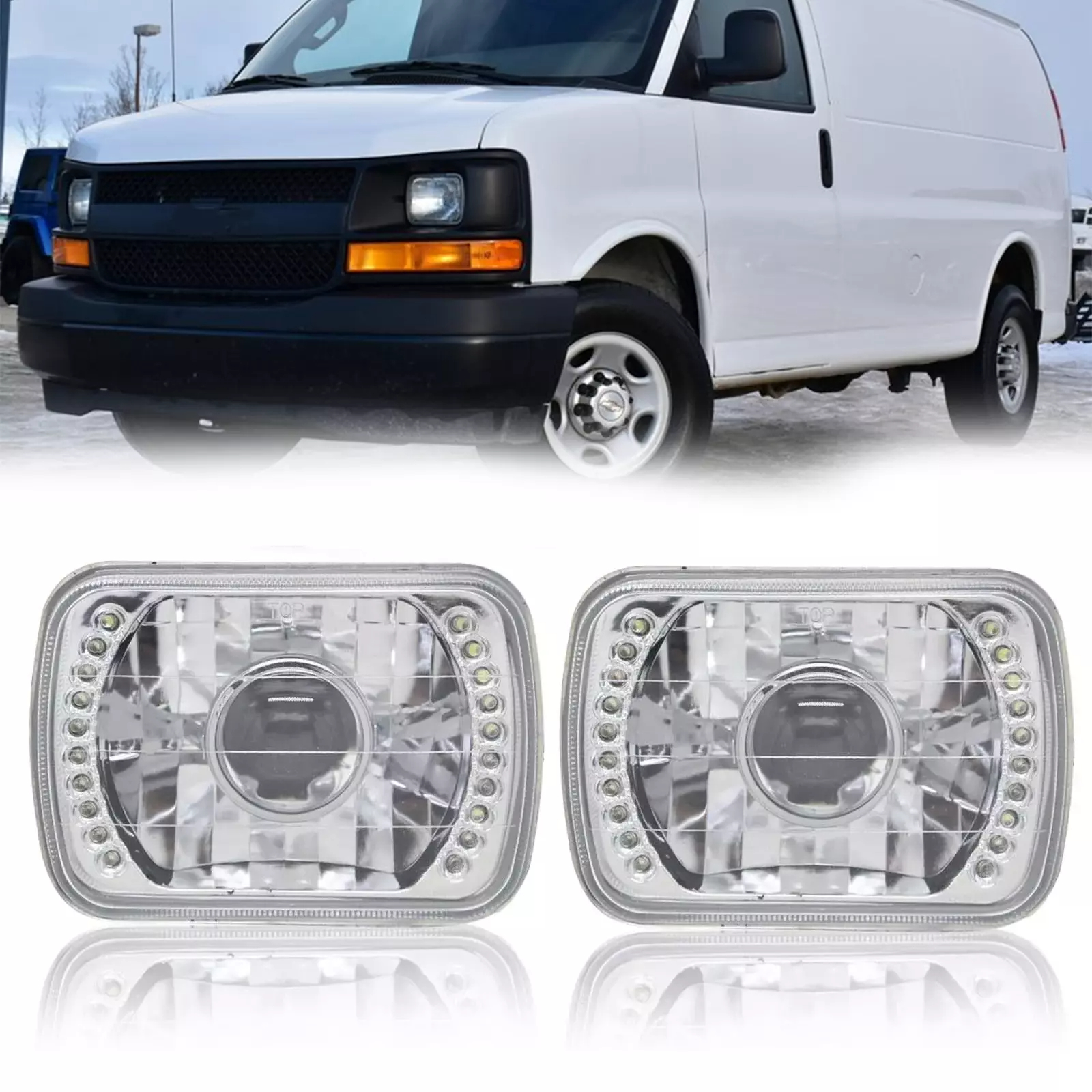 TEMU 2pcs 7x6" Rectangle Led Halo Headlights Housing Without Bulbs For For For Cargo For Van 1500 2500 3500