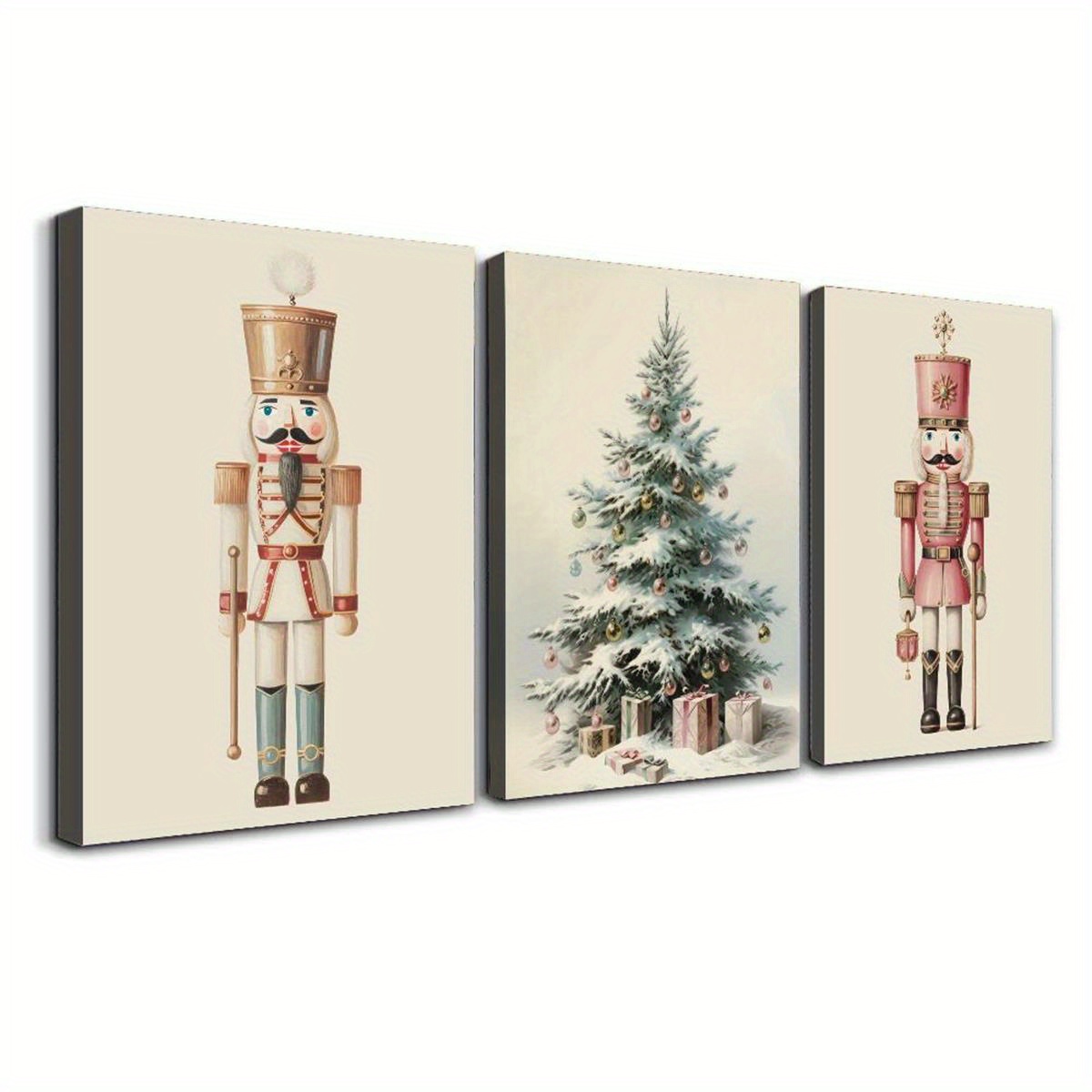 

3pcs Nutcracker & Christmas Tree Canvas Art Set - Waterproof, Wooden Framed Wall Decor For Living Room, Bedroom, Office, And More - Modern/classic Style