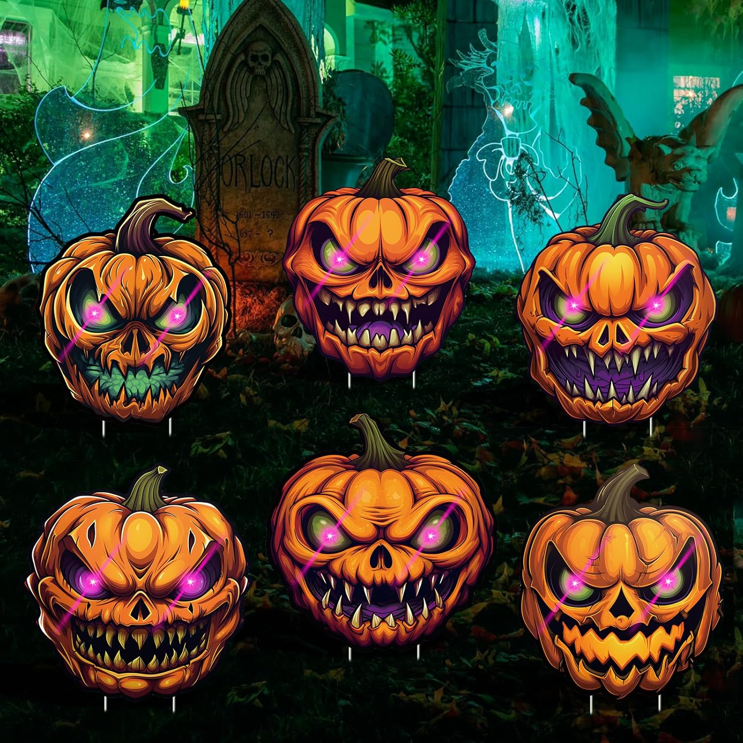 

6 Pack Pumpkin Decorations Plastic Yard Signs With Stakes, Decorations Outdoor, Scary Silhouette With Glow In For Outdoor Yard Lawn Garden Decor