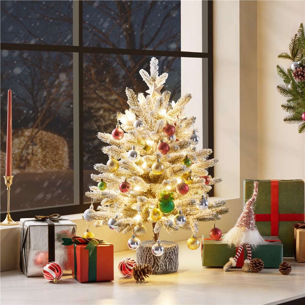 

Pre-lit Potted Flocked Tabletop Christmas Tree, Mini Flocked Artificial Christmas Tree With Warm White Led Lights, Stand & Protective Sheet Included