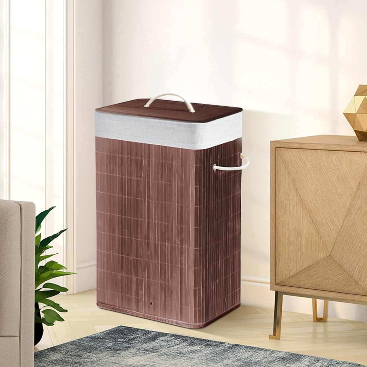 

Large Bamboo Foldable Laundry Basket - Clothes Sorter Washing Hamper Storage Bin With Lid & Removable Washable Liners, 16"l X 12"w X 24"h