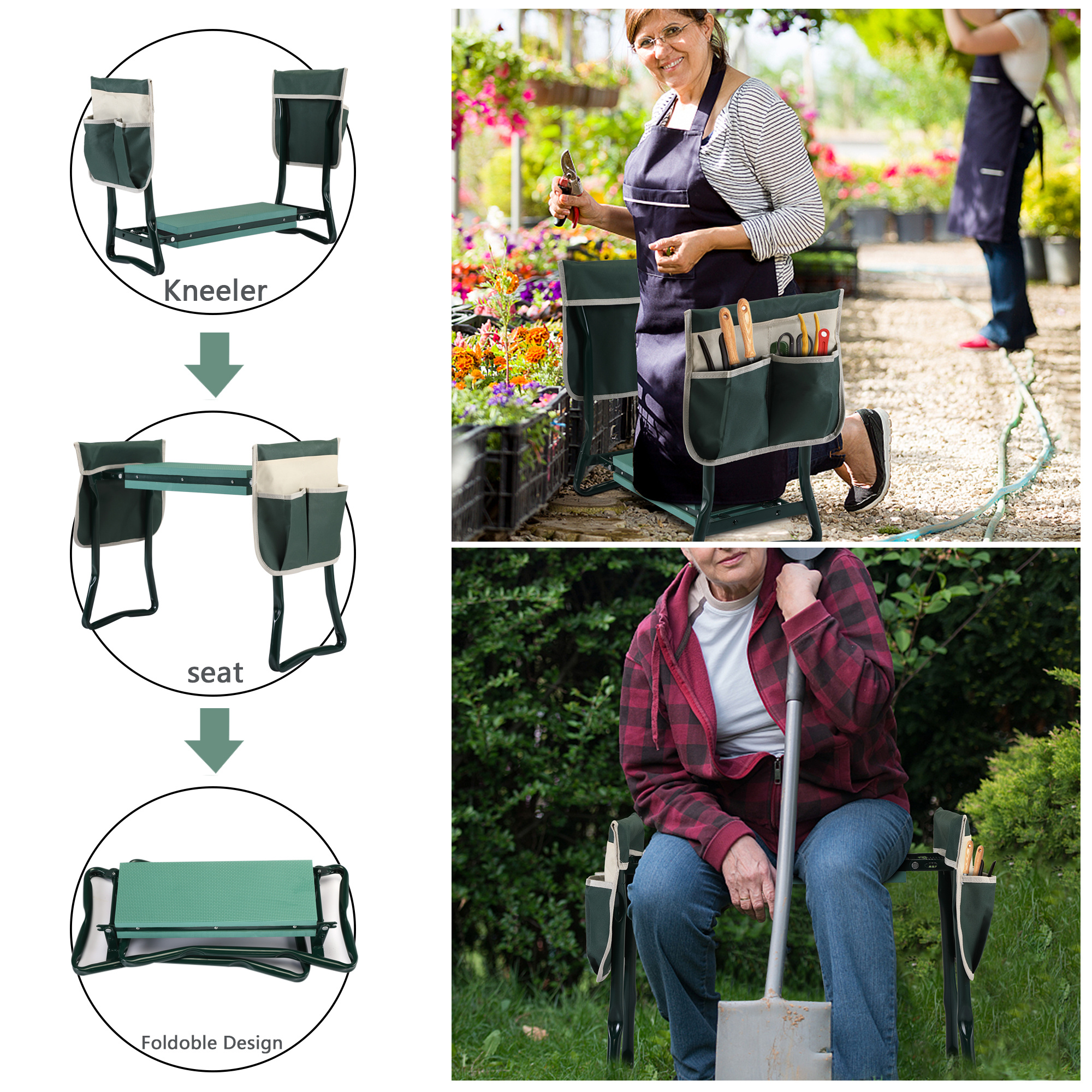 

Folding Garden Kneeler Seat Bench With 2 Tool Pouches And Eva Pad, Green