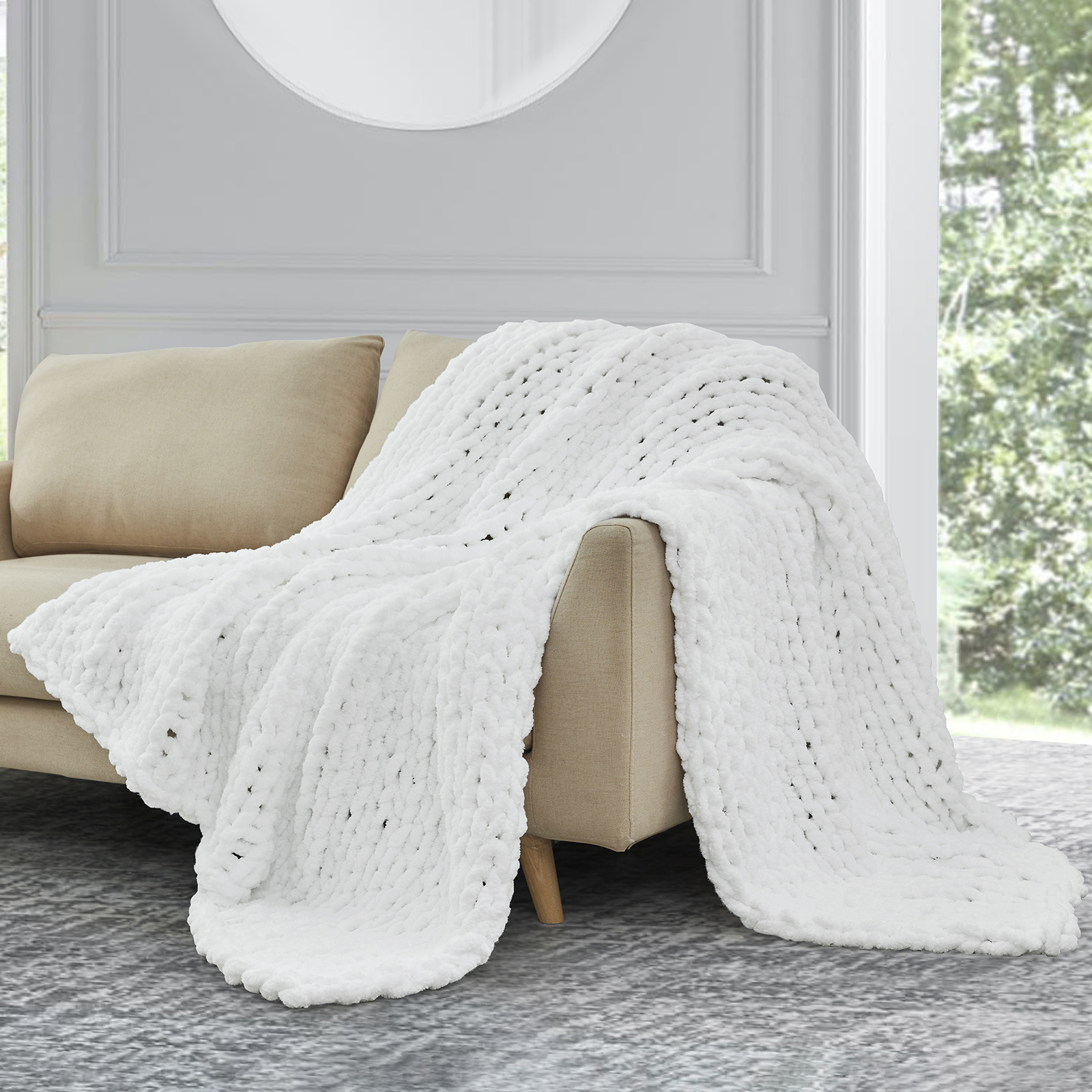 

Chunky Knit Blanket Throw, White Crochet Chenille Throw Blanket, Handmade Luxury Soft Cable Knit Throw Blanket For Boho Bedroom Decor (ivory，40"x50")