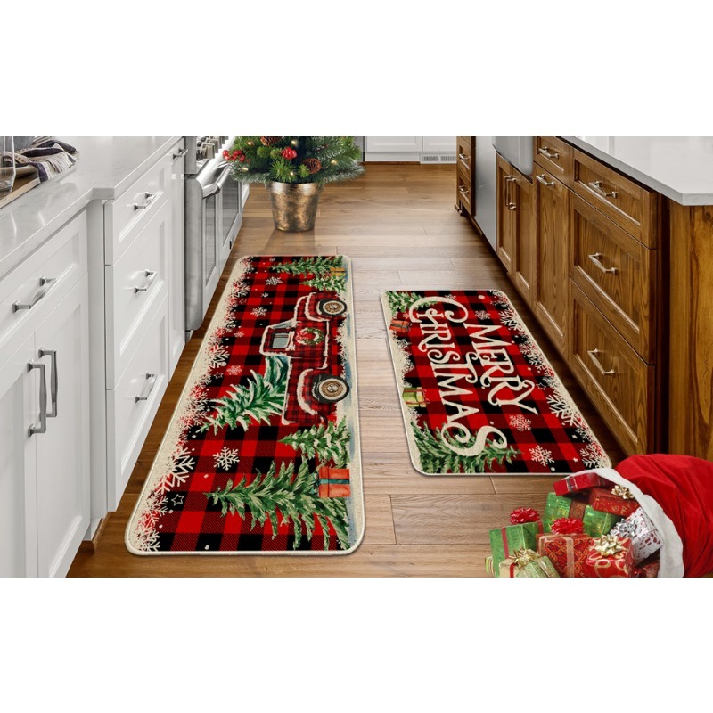 2pcs christmas kitchen floor mat set christmas kitchen rug set 2pcs farmhouse truck red   christmas kitchen decor   kitchen home office laundry room bathroom   farmhouse   flange 0 47 inch memory foam non slip back pad Product details 3