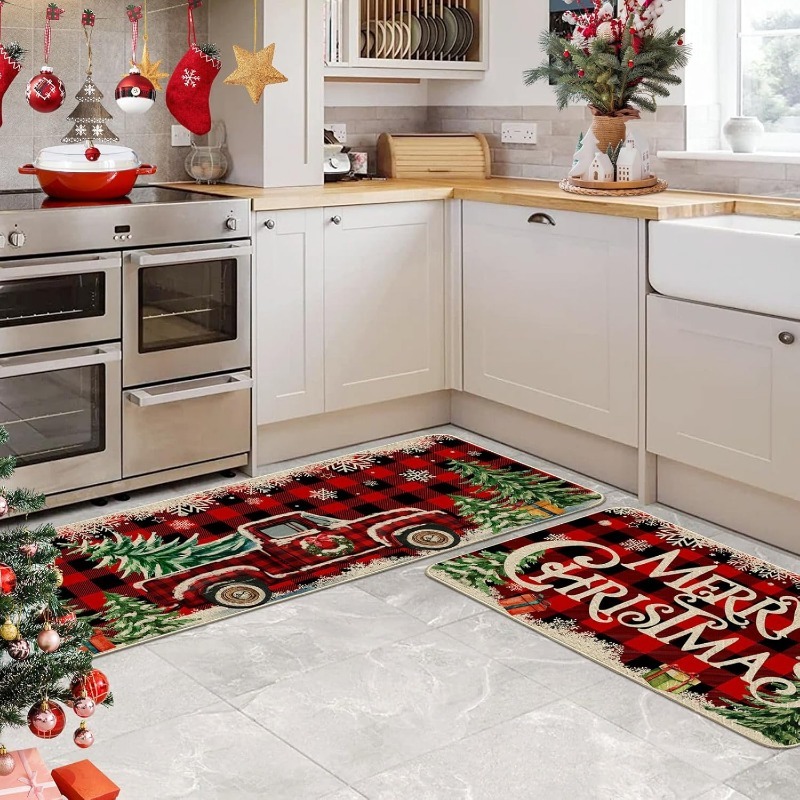 2pcs christmas kitchen floor mat set christmas kitchen rug set 2pcs farmhouse truck red   christmas kitchen decor   kitchen home office laundry room bathroom   farmhouse   flange 0 47 inch memory foam non slip back pad Product details 8