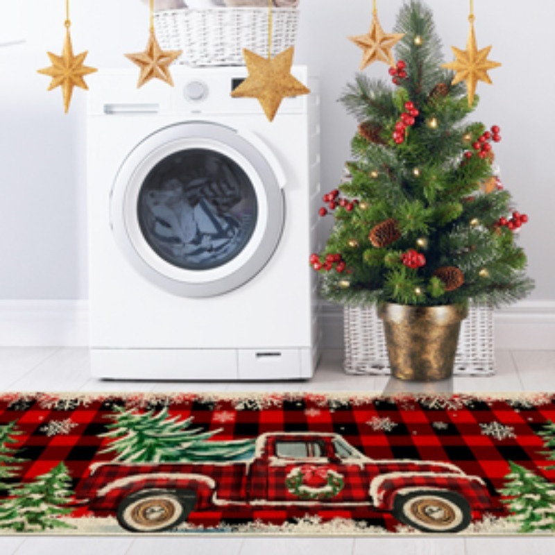 2pcs christmas kitchen floor mat set christmas kitchen rug set 2pcs farmhouse truck red   christmas kitchen decor   kitchen home office laundry room bathroom   farmhouse   flange 0 47 inch memory foam non slip back pad Product details 1