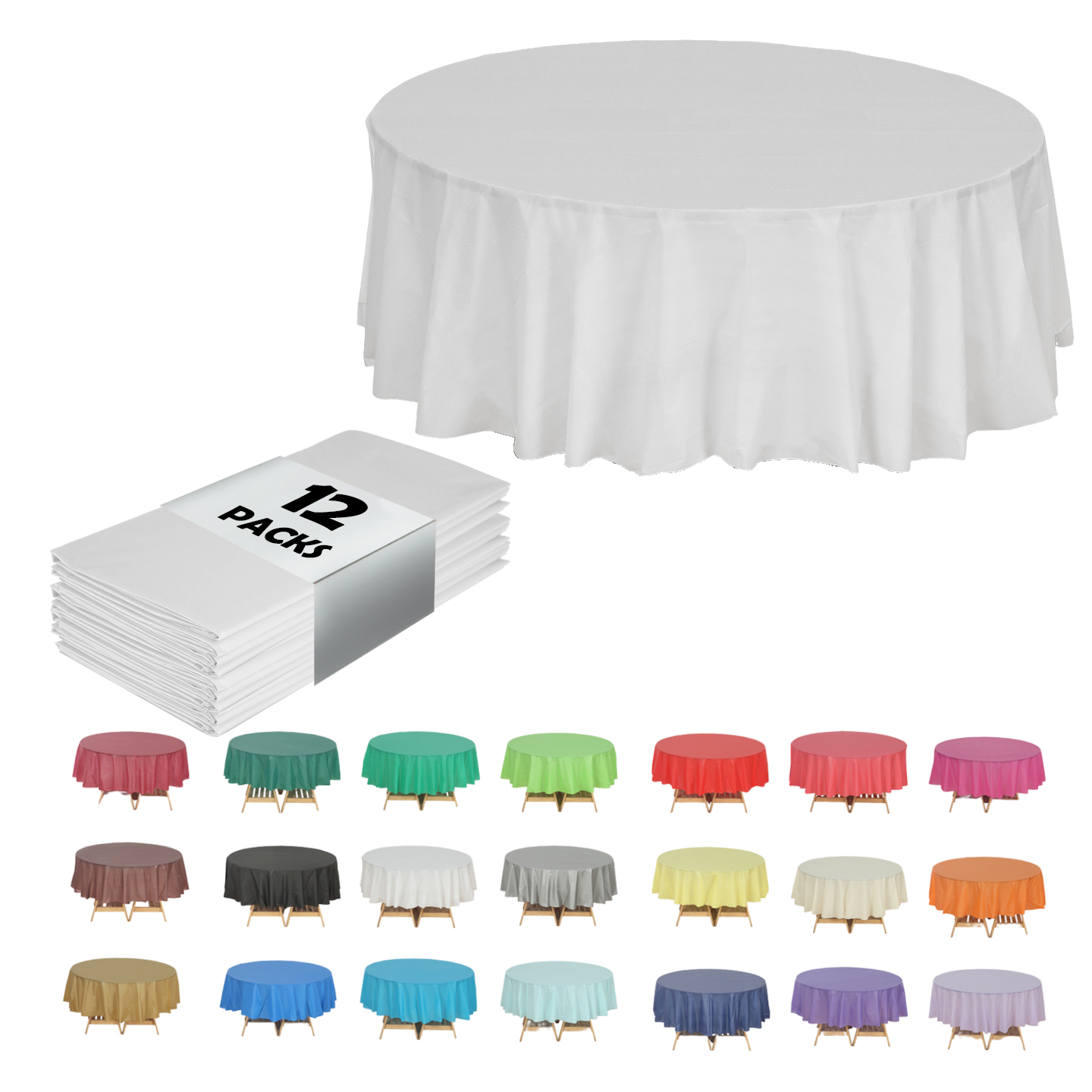 

12-pack White, Rectangle / Round Party Plastic Table Covers Tablecloth