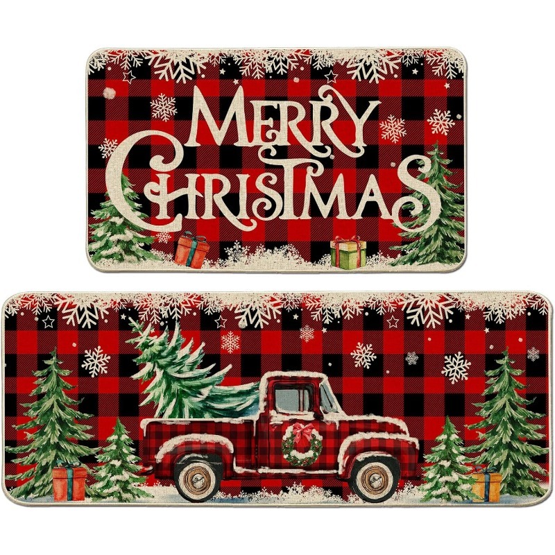 2pcs christmas kitchen floor mat set christmas kitchen rug set 2pcs farmhouse truck red   christmas kitchen decor   kitchen home office laundry room bathroom   farmhouse   flange 0 47 inch memory foam non slip back pad Product details 4