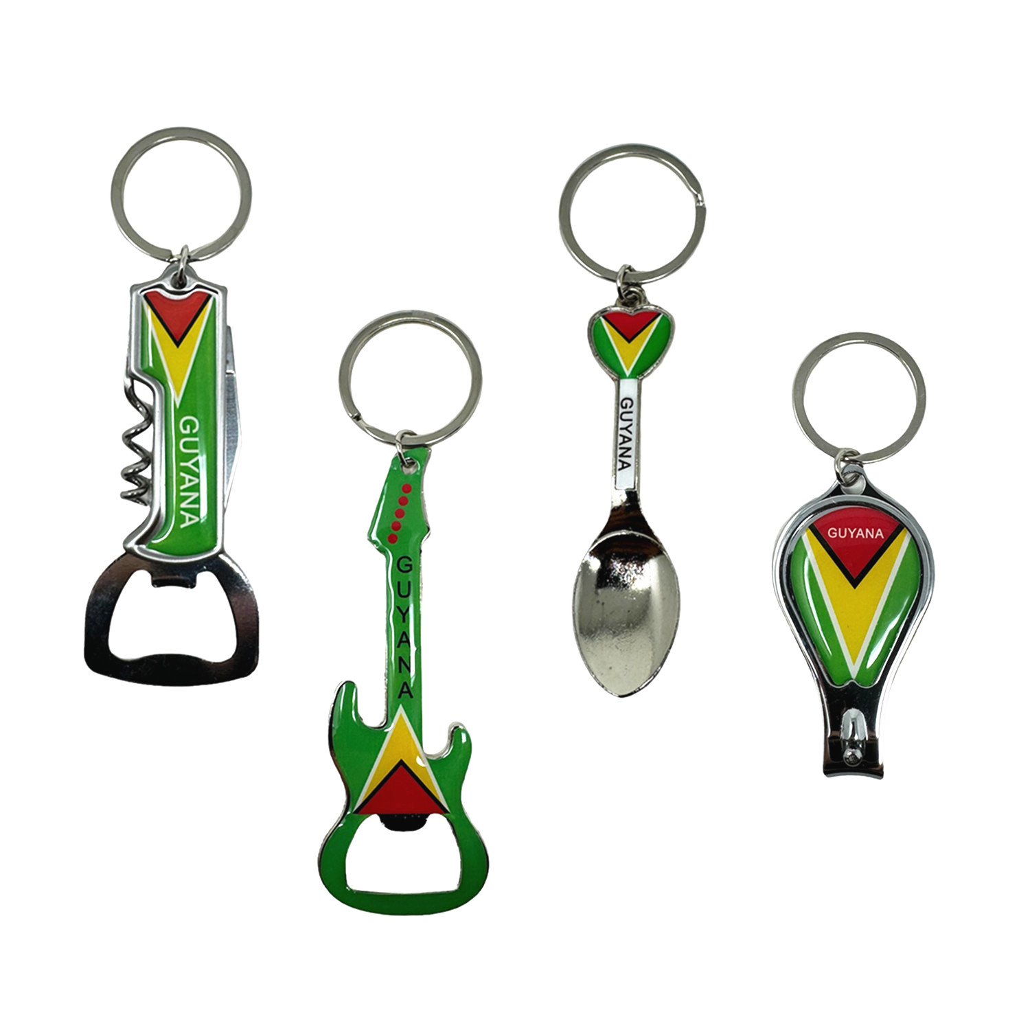 

4 Pack Guyana Keychains Country Metal Keychain, 4 Bottle , Nail Clipper, Guitar, Spoon, , Guyanese Patriotic Souvenir Keychains, Car Keys, Gift, Bulk