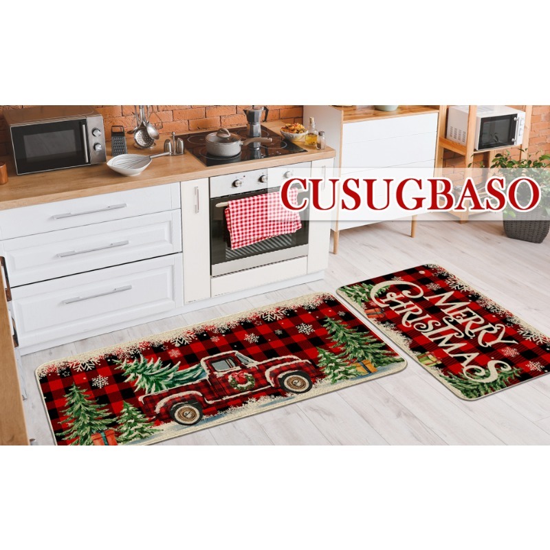 2pcs christmas kitchen floor mat set christmas kitchen rug set 2pcs farmhouse truck red   christmas kitchen decor   kitchen home office laundry room bathroom   farmhouse   flange 0 47 inch memory foam non slip back pad Product details 0