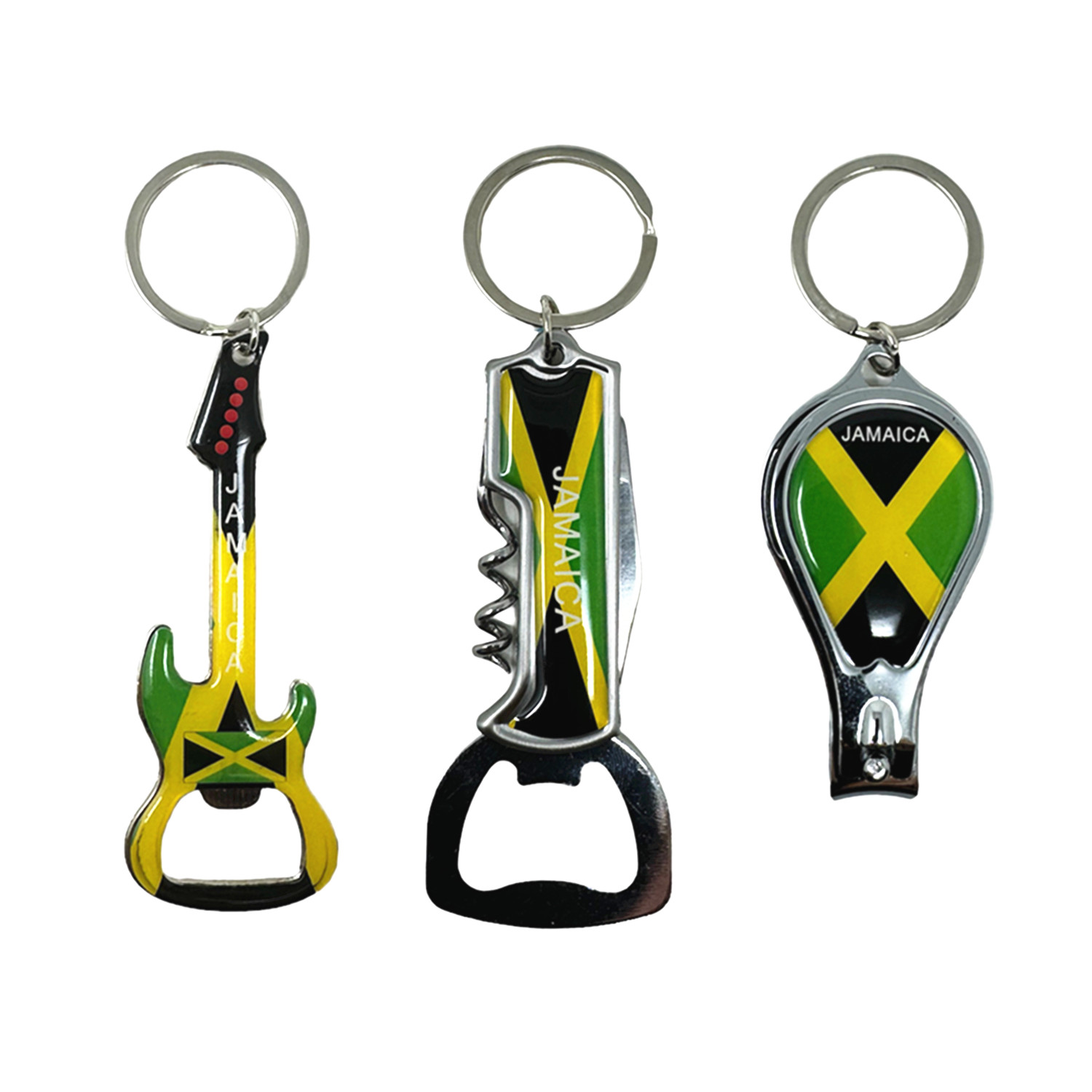 

3 Pack Jamaica Keychains Country Metal Keychain, 3 Bottle Opener, Nail Clipper, Guitar, Patriotic Souvenir Keychains, Car Keys, Gift, Bulk