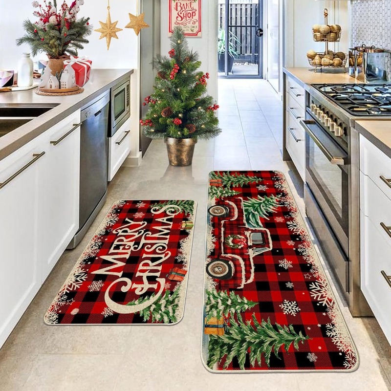 2pcs christmas kitchen floor mat set christmas kitchen rug set 2pcs farmhouse truck red   christmas kitchen decor   kitchen home office laundry room bathroom   farmhouse   flange 0 47 inch memory foam non slip back pad Product details 5