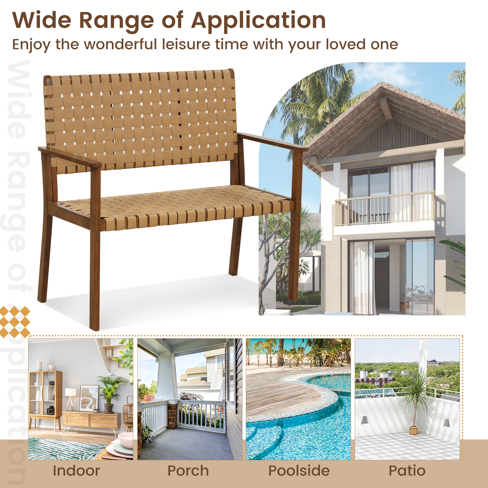 Costway Patio Loveseat, Outdoor All Weather Bench with Solid Rubber Wood Frame & Hand Woven PU Leather, Indoor Outdoor 2-Seater Conversation Chair for Backyard, Garden, Poolside, Natural