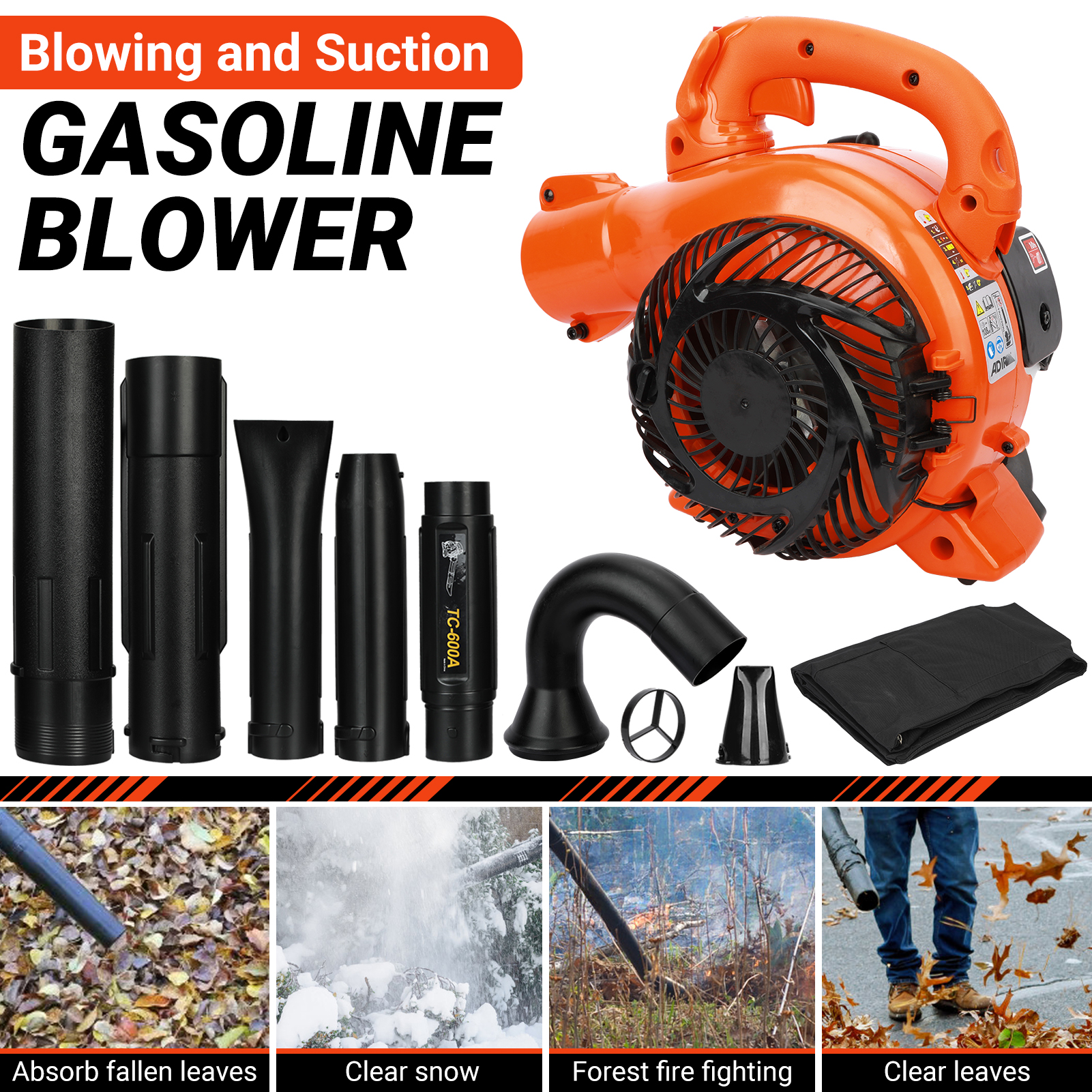 

A 33.46 X X Inch Blow Suction Leaf Blower Handheld Leaf Blower, Gas Powered Leaf Blower Dual (blow And Suction) Cleaner With Straight And Bent Blow Hose For Cleaning Leaves Road Snow, Orange