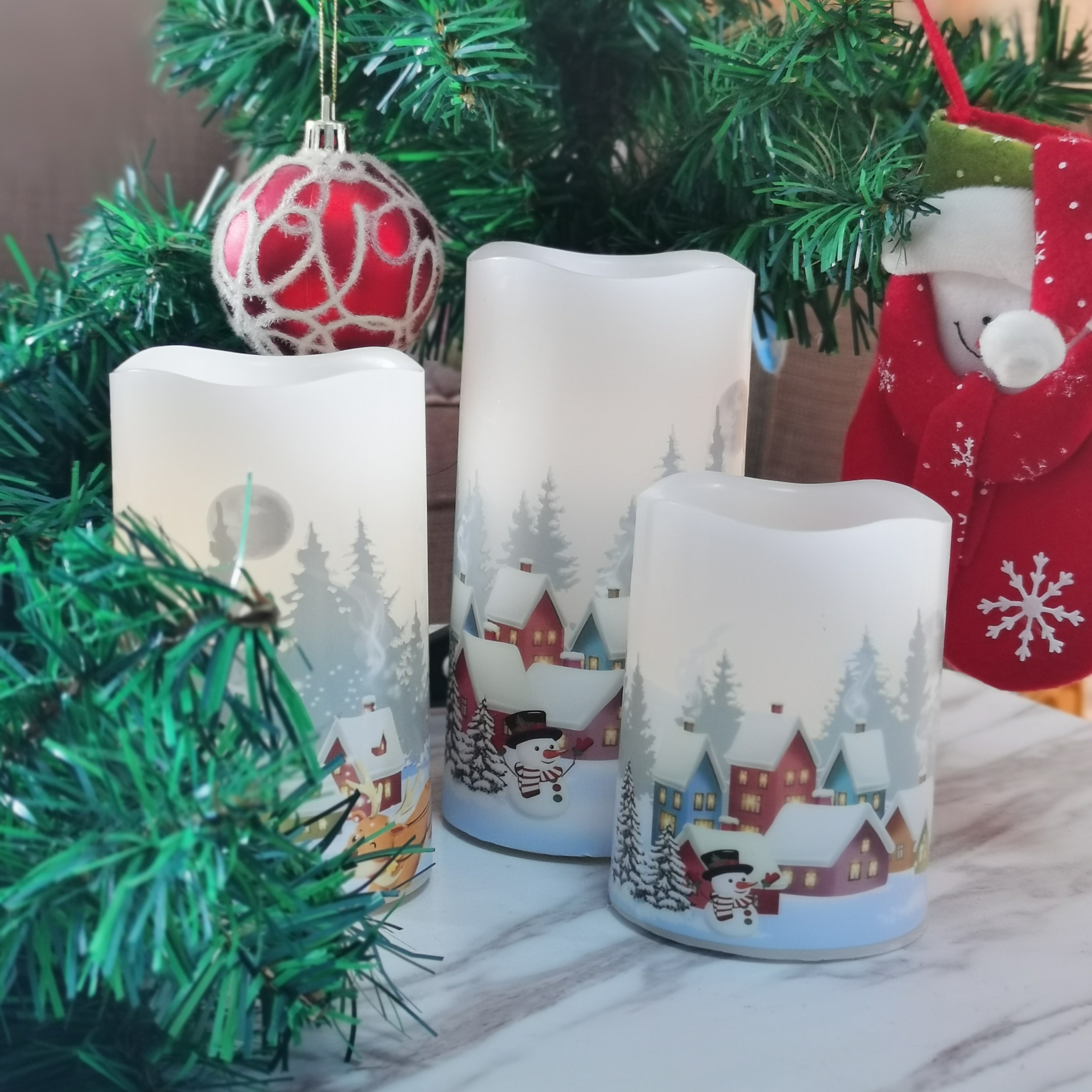 Velas Sin Llama Eldnacele Velas De Navidad Sin Llama Parpadeantes Con Temporizador 6H, Paquete De 3 Pegatinas De Escena Palos Led Boda