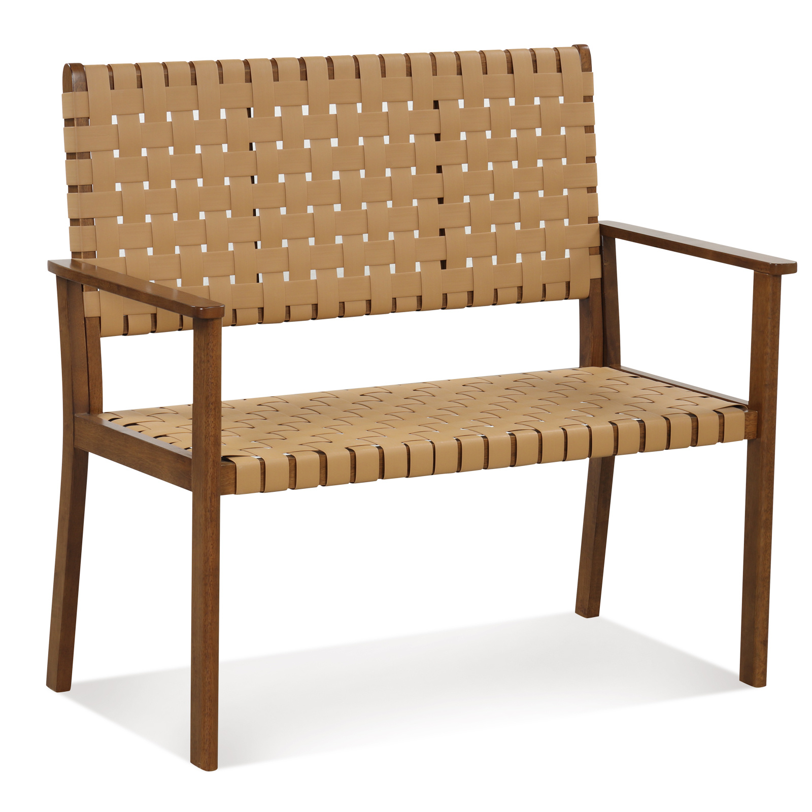 Costway Patio Loveseat, Outdoor All Weather Bench with Solid Rubber Wood Frame & Hand Woven PU Leather, Indoor Outdoor 2-Seater Conversation Chair for Backyard, Garden, Poolside, Natural