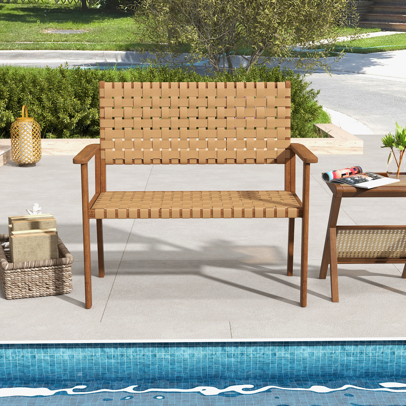 Costway Patio Loveseat, Outdoor All Weather Bench with Solid Rubber Wood Frame & Hand Woven PU Leather, Indoor Outdoor 2-Seater Conversation Chair for Backyard, Garden, Poolside, Natural
