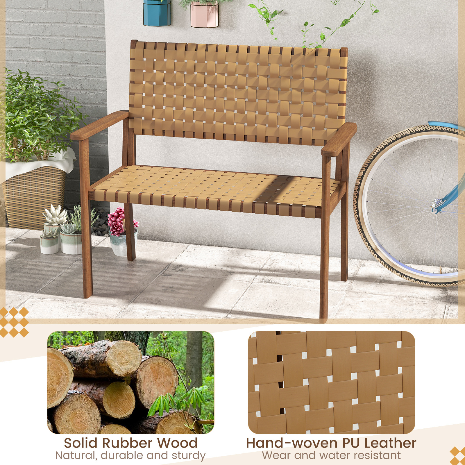 Costway Patio Loveseat, Outdoor All Weather Bench with Solid Rubber Wood Frame & Hand Woven PU Leather, Indoor Outdoor 2-Seater Conversation Chair for Backyard, Garden, Poolside, Natural