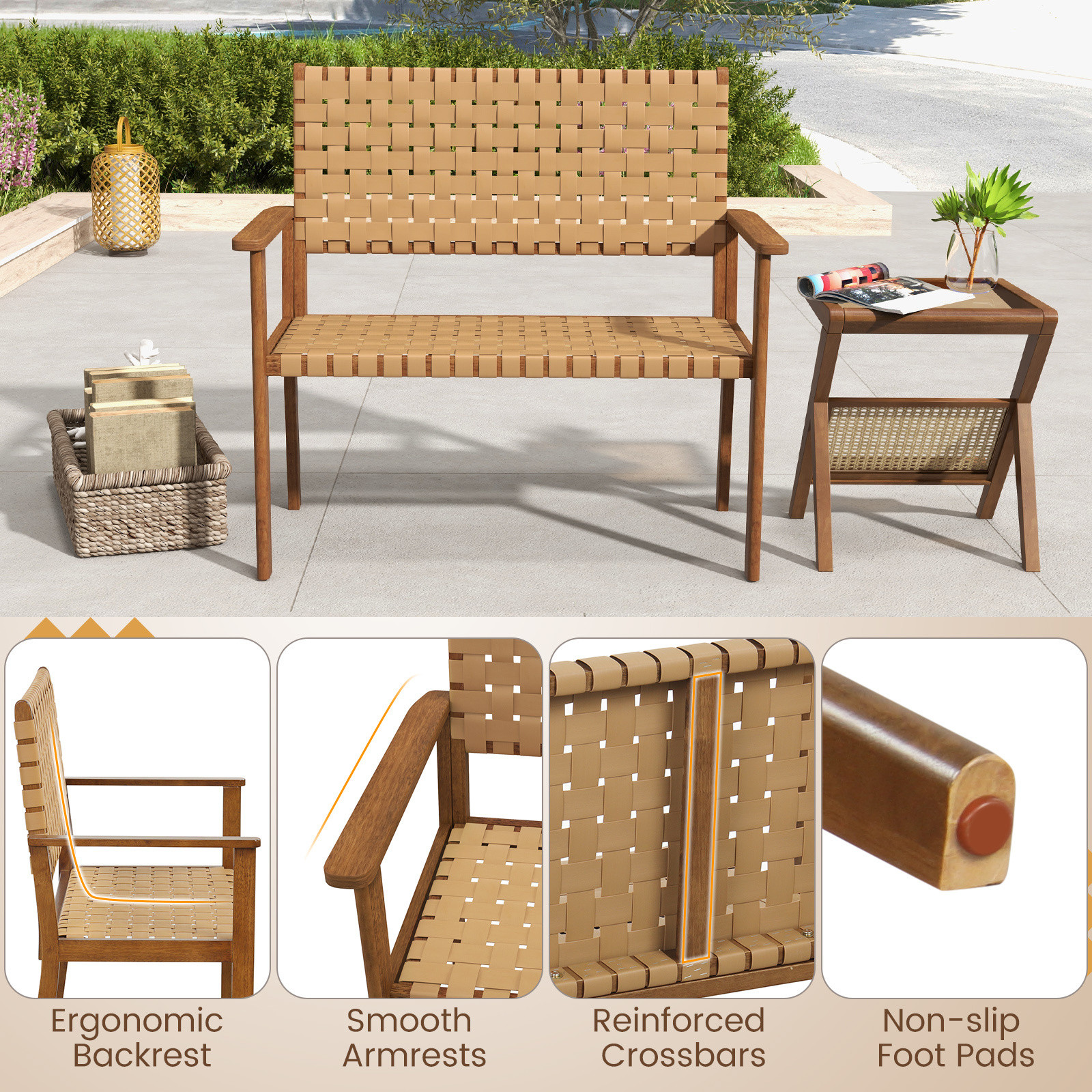 Costway Patio Loveseat, Outdoor All Weather Bench with Solid Rubber Wood Frame & Hand Woven PU Leather, Indoor Outdoor 2-Seater Conversation Chair for Backyard, Garden, Poolside, Natural