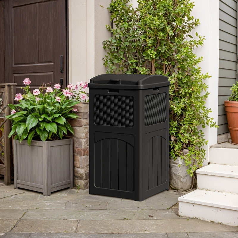 

Outdoor Use Trashbin With Lid, Patio Resin Hideaway Trash Can With Waterproof For Backyard