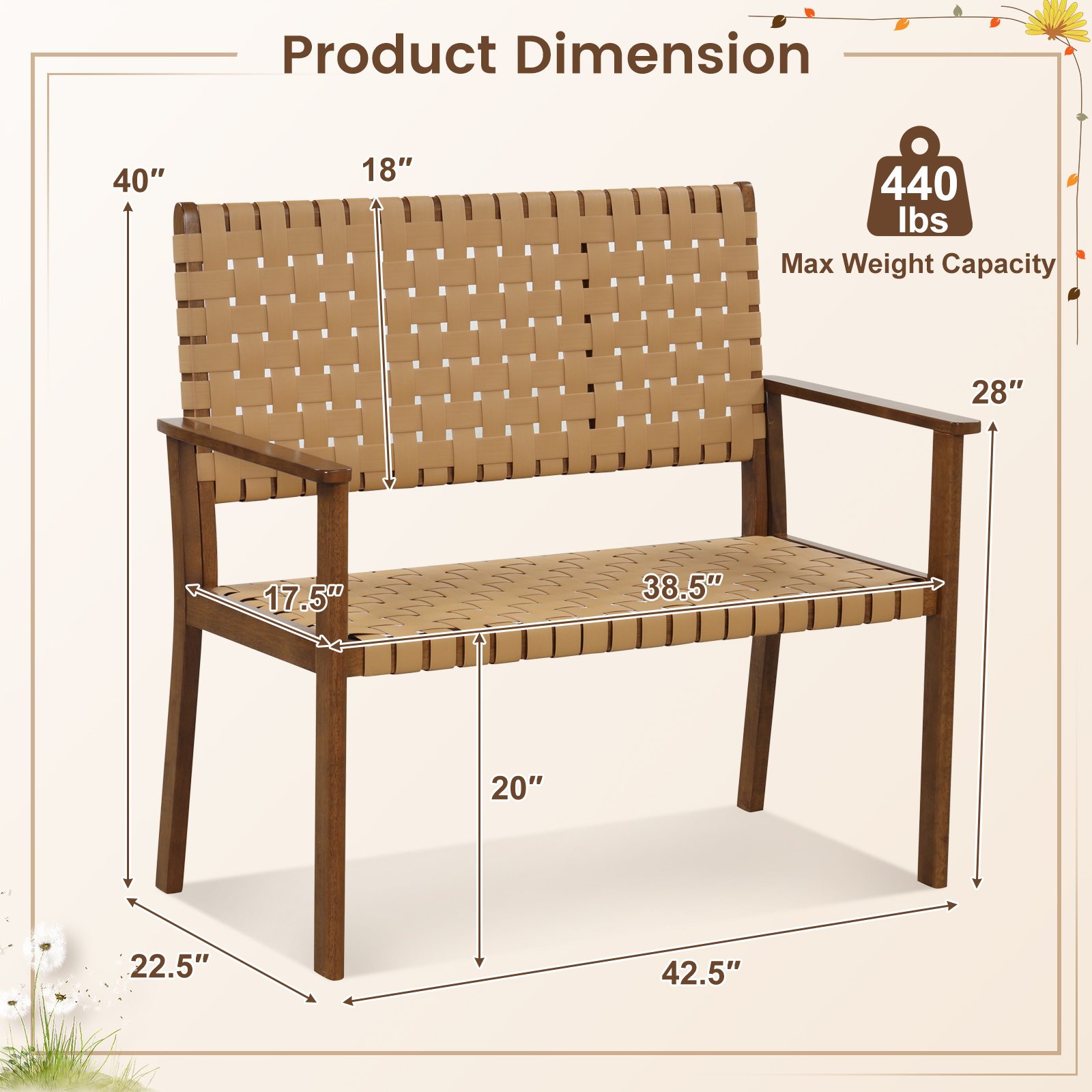 Costway Patio Loveseat, Outdoor All Weather Bench with Solid Rubber Wood Frame & Hand Woven PU Leather, Indoor Outdoor 2-Seater Conversation Chair for Backyard, Garden, Poolside, Natural