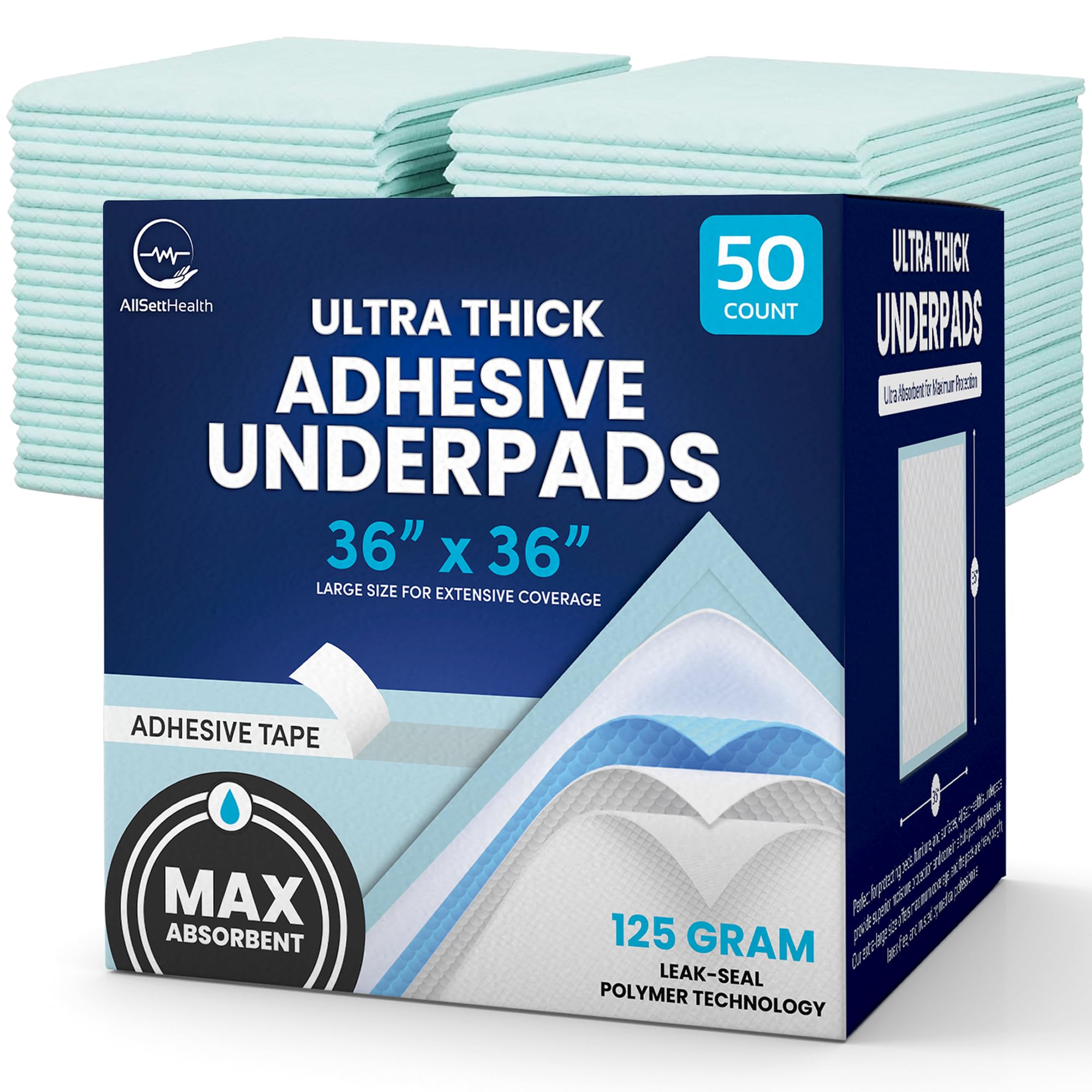 

125 Gram Incontinence Bed Pads Disposable For Adults 50 Pack Xxl 36" X 36" Waterproof Bed Liner, Pee Pads For Adults - Pads