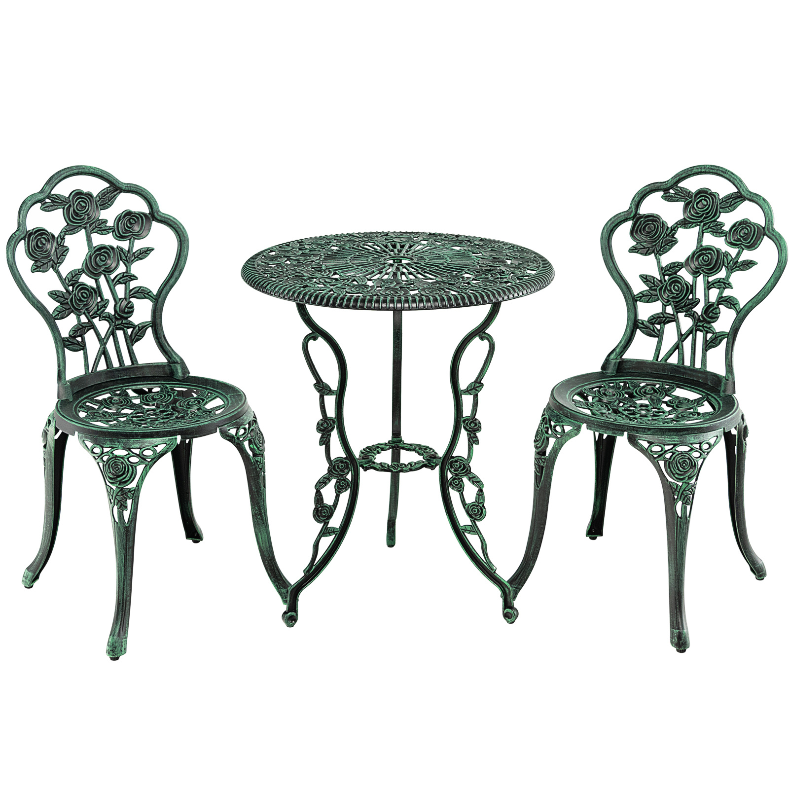 

Costway 3pc Bistro Table Set Cast Aluminum& Iron Antique Weather Resistant Round Table W/umbrella Hole 2 Chairs Set Outdoor Garden Furniture (rose Design)