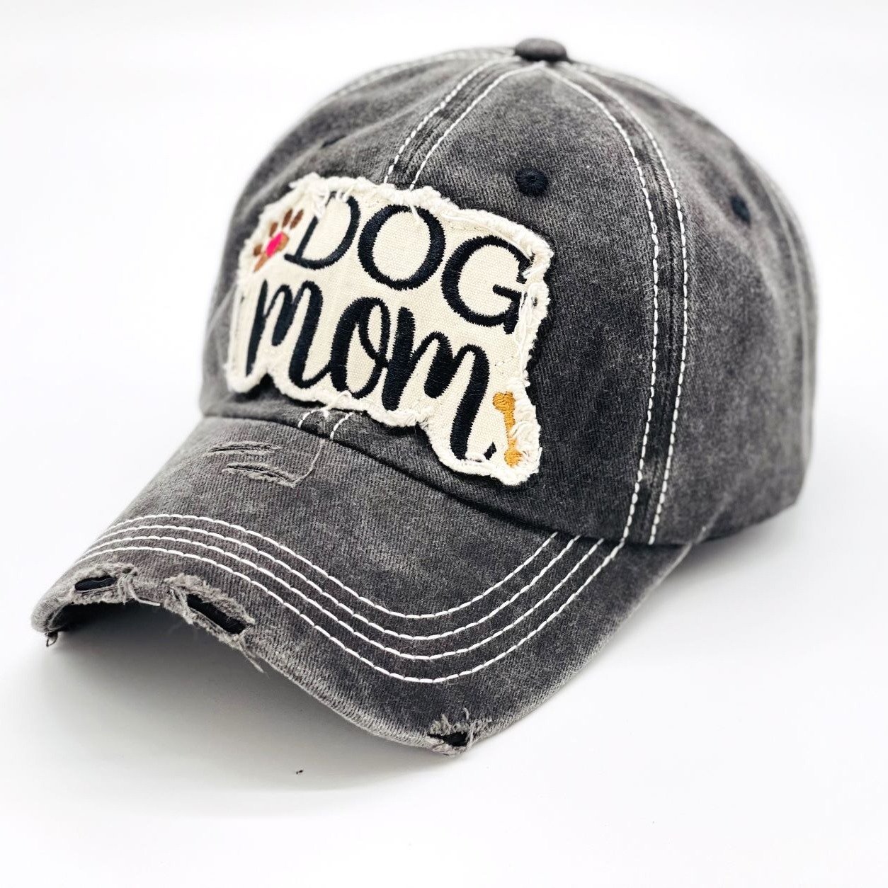 

dog Mom" Paw And Bone Vintage Distressed Embroidered Baseball Cap For Women - 100% Cotton, Breathable, Casual, Adjustable, Uv Protection