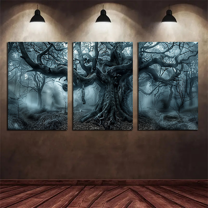 

Set Of 3 Framed Canvas Wall Art - Vibrant Misty Forest Landscape With Gnarled Tree, Thick Branches, And Mystical Atmosphere - Perfect For Bedroom And Living Room Home Decor