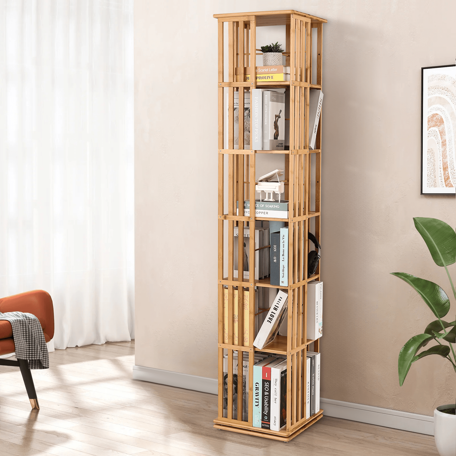 MoNiBloom 360 Degree Rotating Tall Bookshelf, 6 Tier Bookcase Corner Storage Organizer Display Shelf Rack Organizer for Home Office
