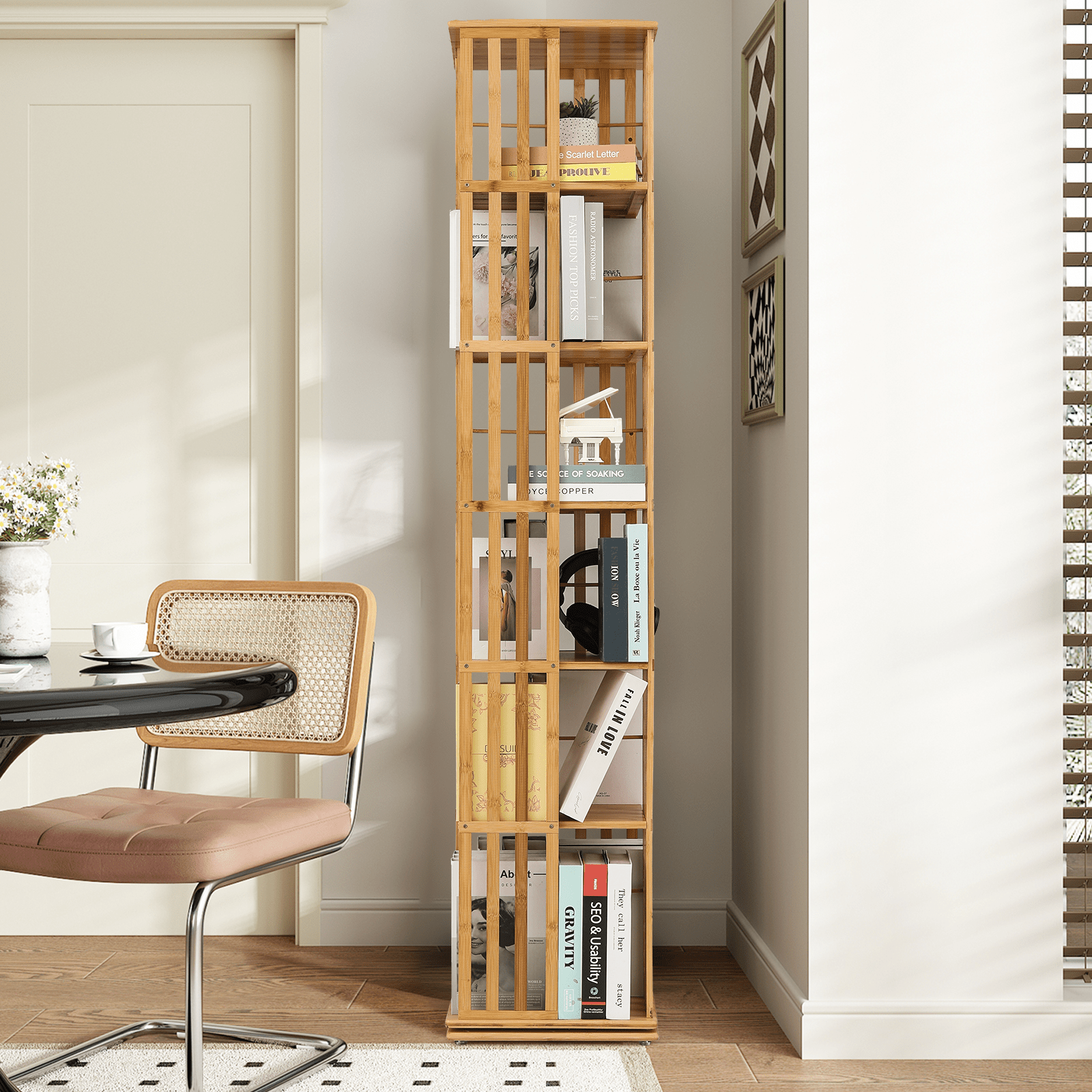 MoNiBloom 360 Degree Rotating Tall Bookshelf, 6 Tier Bookcase Corner Storage Organizer Display Shelf Rack Organizer for Home Office