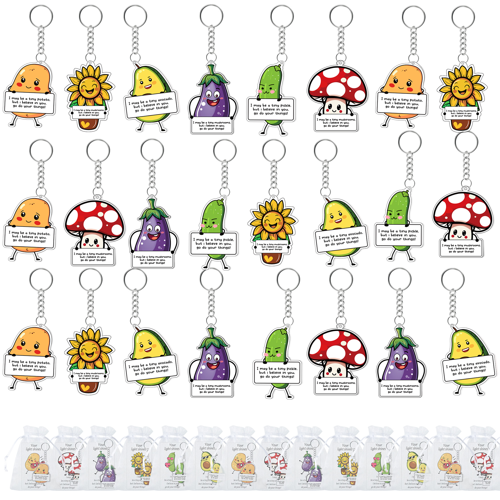 

24pcs Emotional Support Keychain Bulk With Tassels Employee Appreciation Gift Acrylic Pickle Mushroom Christmas Gift