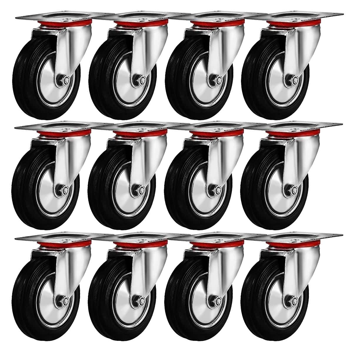 

12 Pack 3" Swivel Caster Wheels Rubber Base With Top Plate & Bearing Heavy Duty