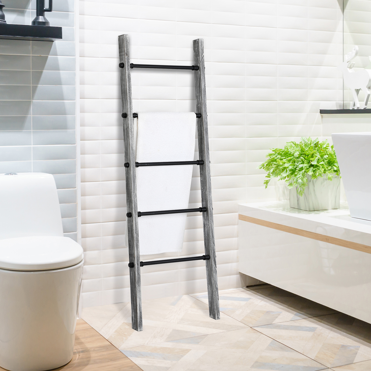 

Towel Blanket Ladder Rack, Industrial Pipe & Gray Washed Wood Wall Towel Stand, For Living Room Bathroom Bedroom