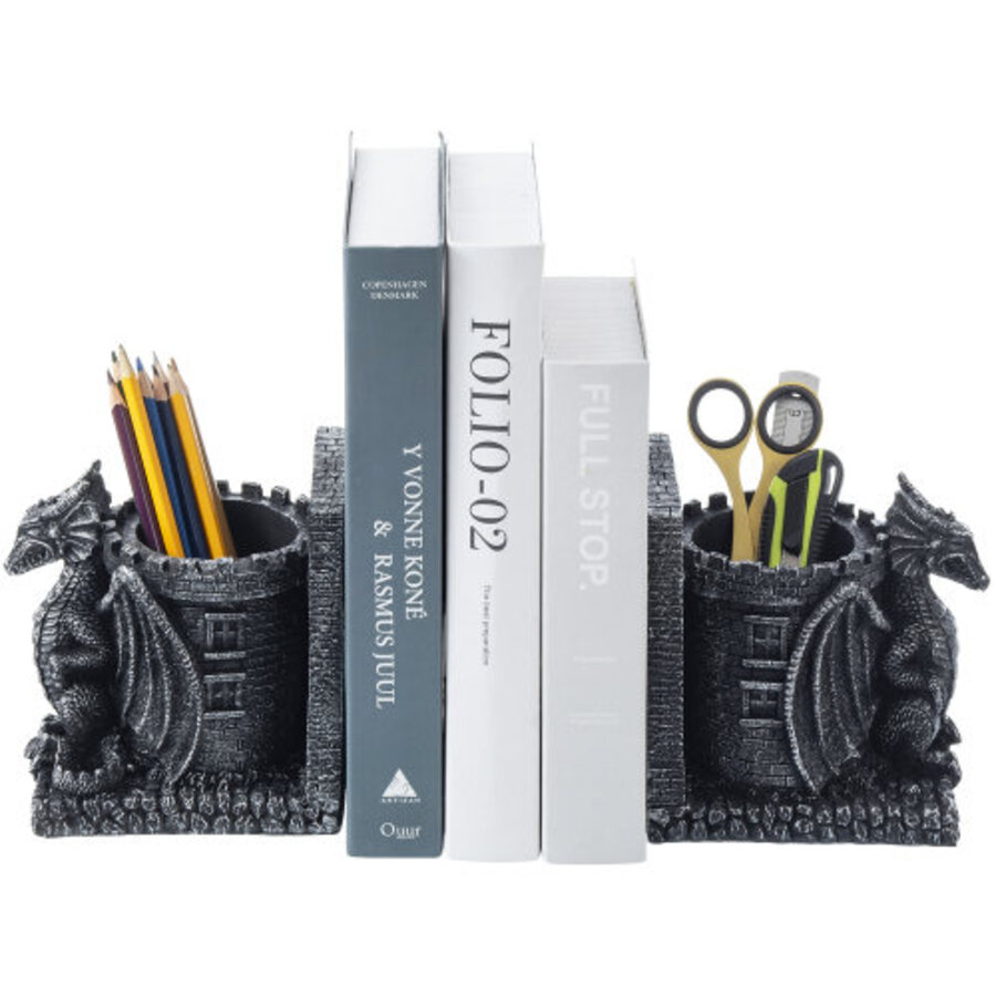 

Bookends With Pencil Cup, Heavy Duty Resin With Dragon Castle Design