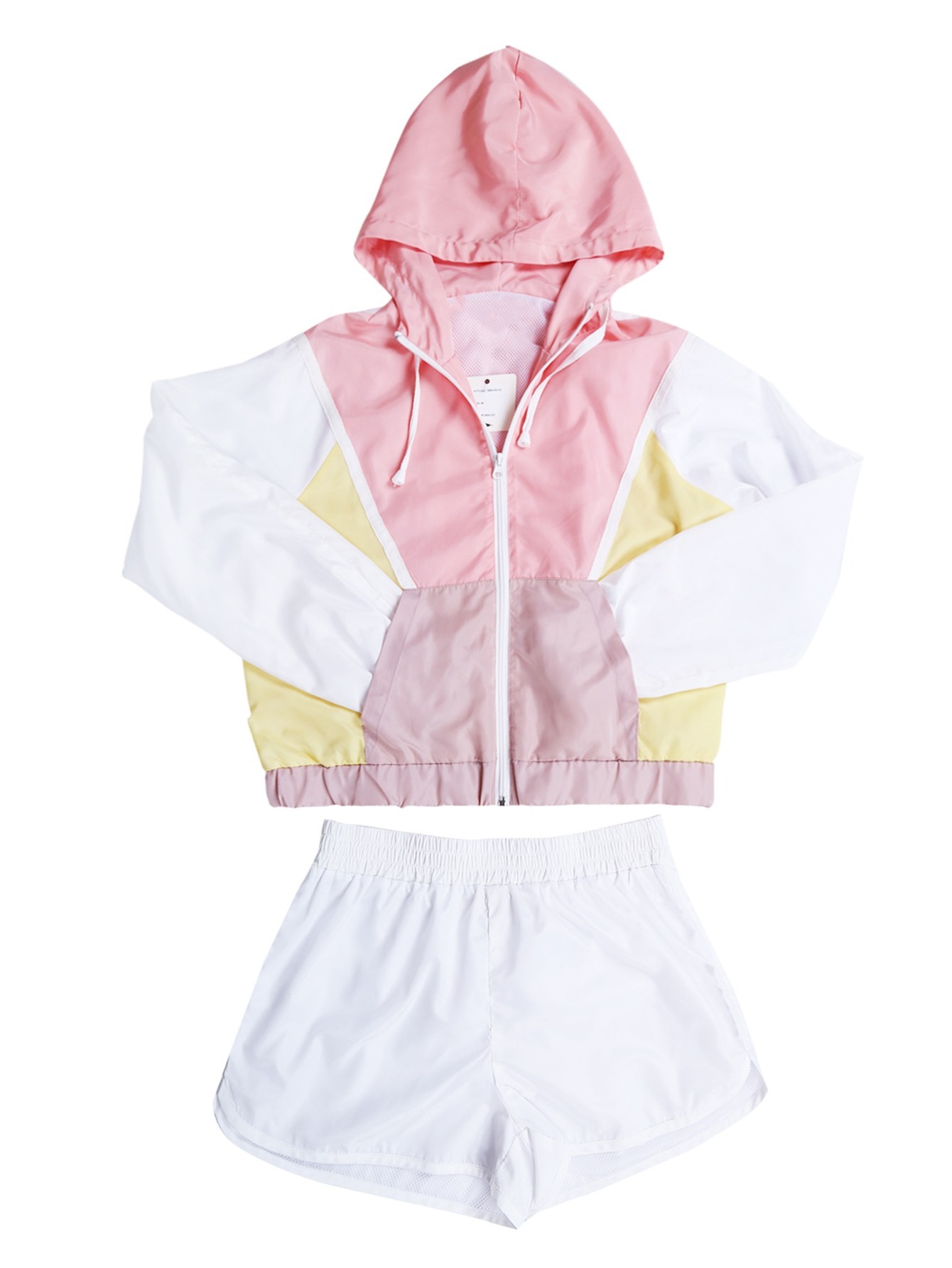 Women's 80s 90s Tracksuit 2 Piece Long Sleeve Outfits Retro Windbreaker Sport Set, Pink Yellow & White Patchwork Zip Elastic Waist Sportswear for Active Lifestyle