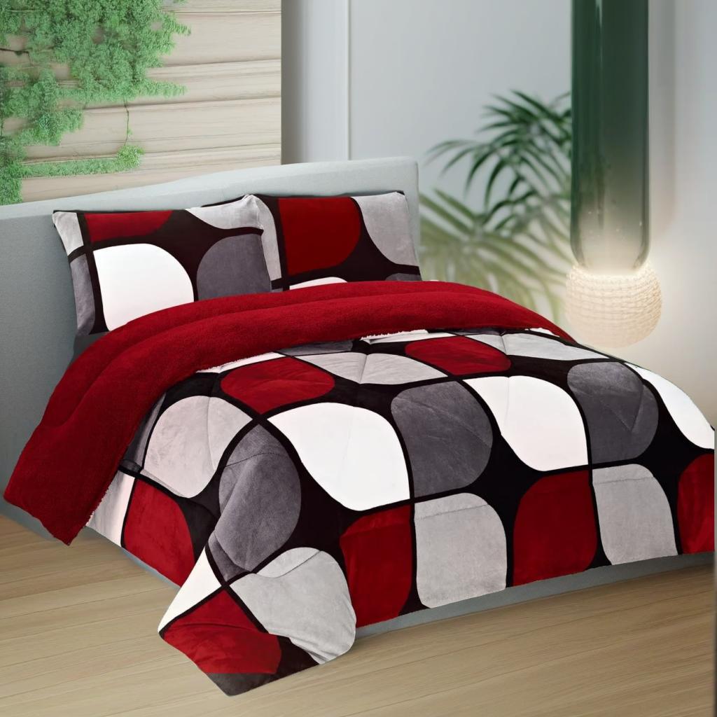 

Comforter Set - 3 Piece Soft Microfiber Bedding With Geometric Red, Grey, And Black Pattern