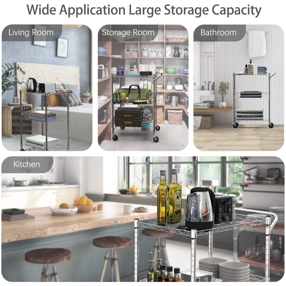 3tier Rolling Utility Cart, Kitchen Island Cart On Wheels, With