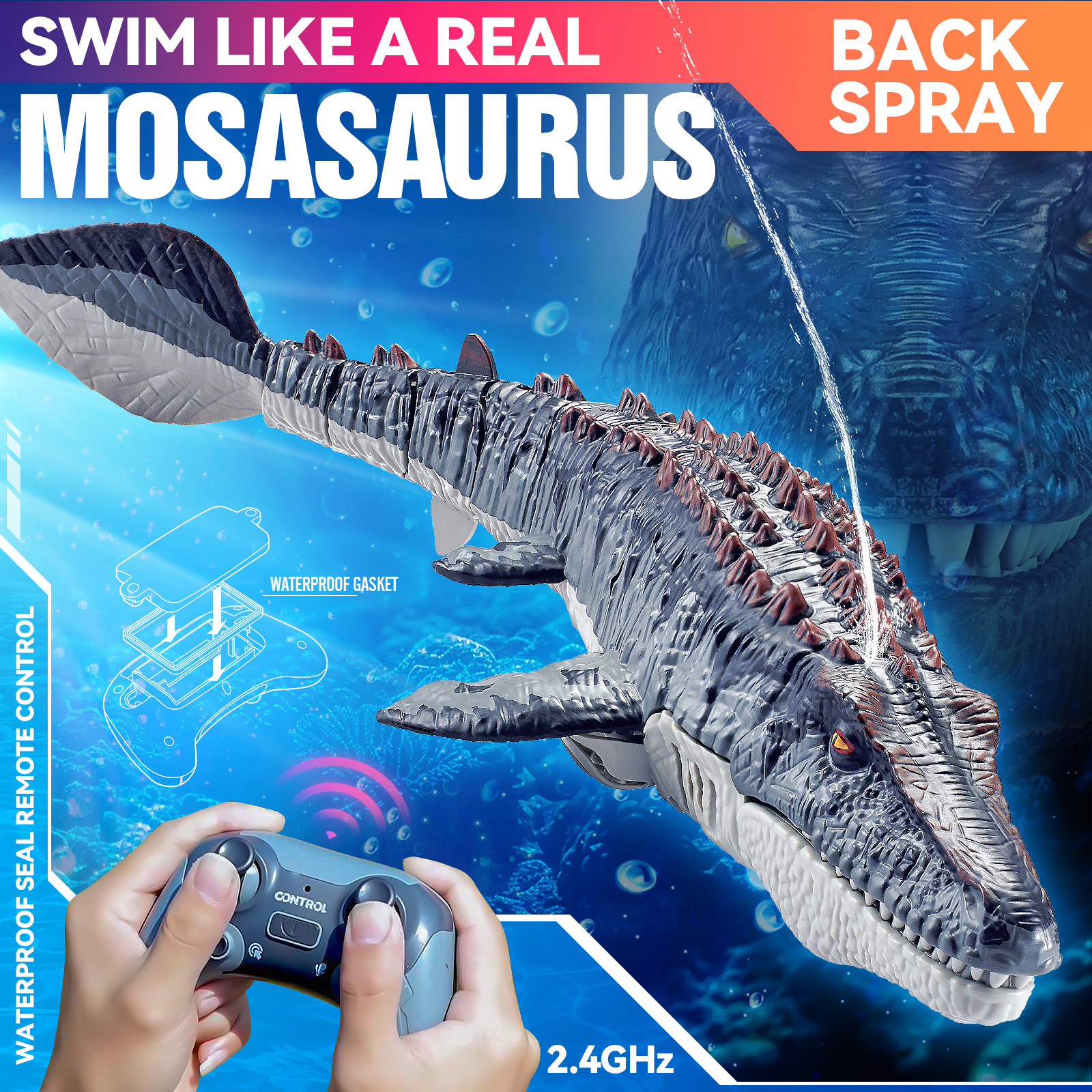RC robot Dinosaur Mosasaurus Swim Like A Real Mosasaurus Remote Control Swimming in Water or Pool with Spray Water Easy to Operate Great Gift for Kids