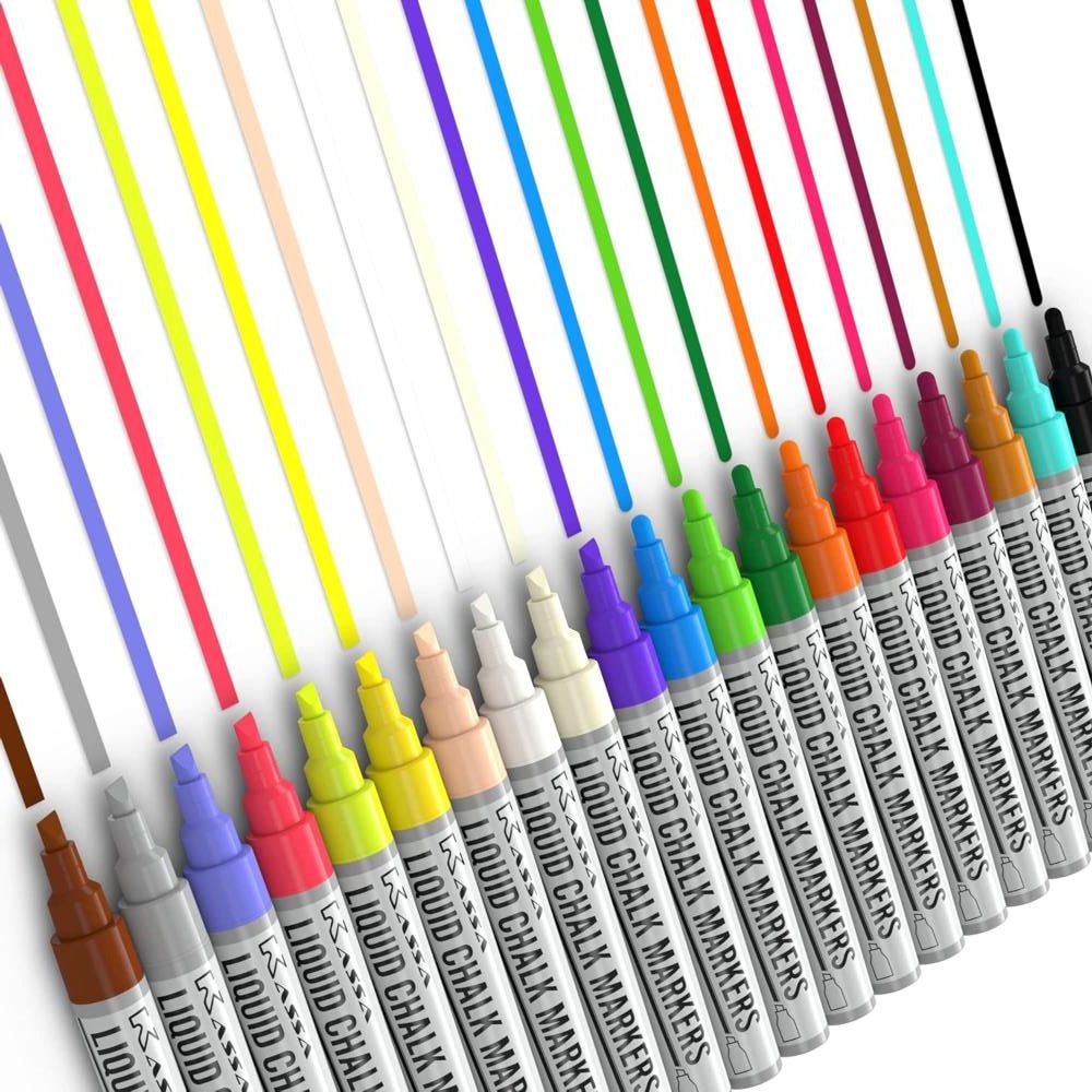 

20pack Liquid Chalk Markers - 20 Vibrant Colors With Reversible Bullet & Chisel Tips - Works On , - Erasable & Dust-free - Home, School & Office Use