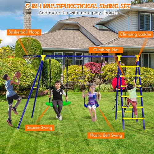 5 in 1 outdoor kids swing set w 2 swings 1 basketball hoop 1 climbing climbing ladder backyard playground park swing set w a shaped metal frame combo swing set