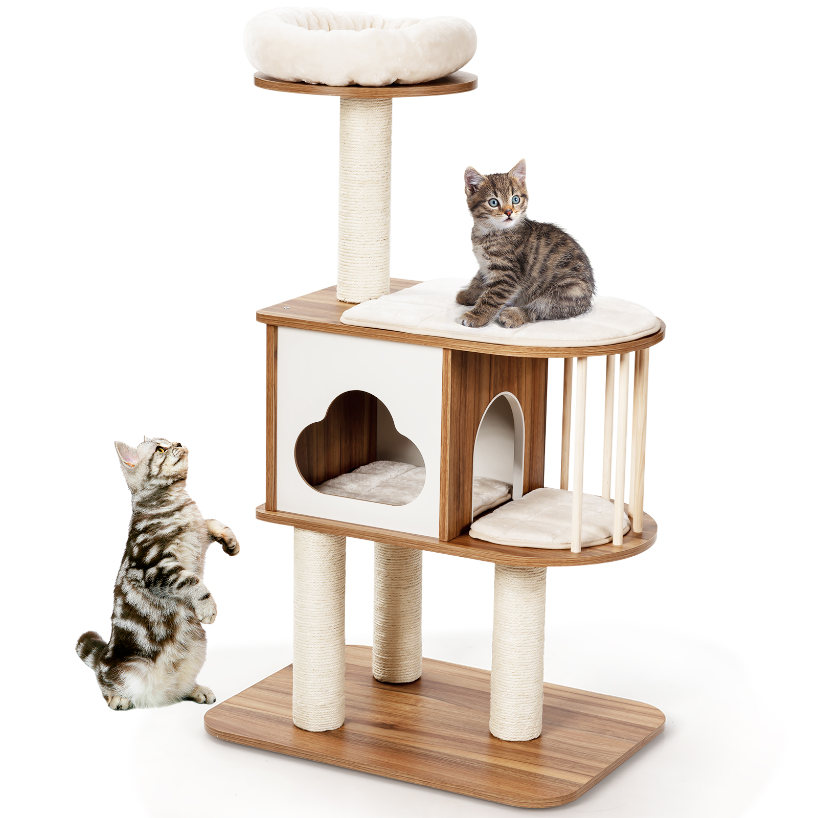 Costway 46 Inches Cat Tree, Modern Wooden Cat Tower with Platform, Scratching Posts and Washable Cushions, Cat Condo for Kittens and Cats