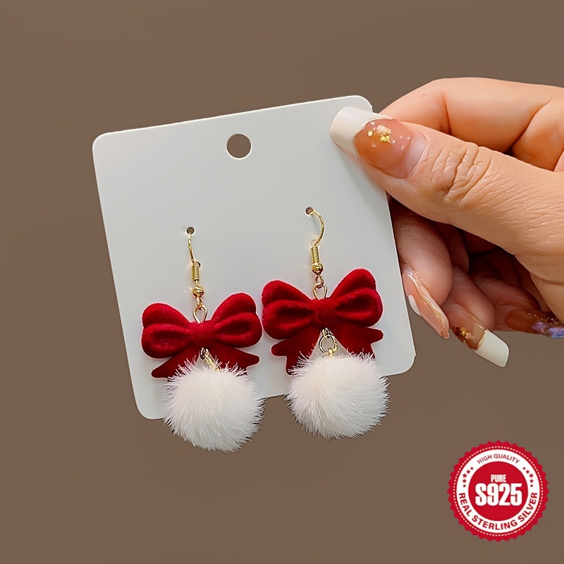 

S925 Cute Winter Furry Ball Dangle Earrings - Red Flocking , Hypoallergenic, Nickel-free, , Lightweight, Christmas Gift Idea For Women, Girls, And Teens